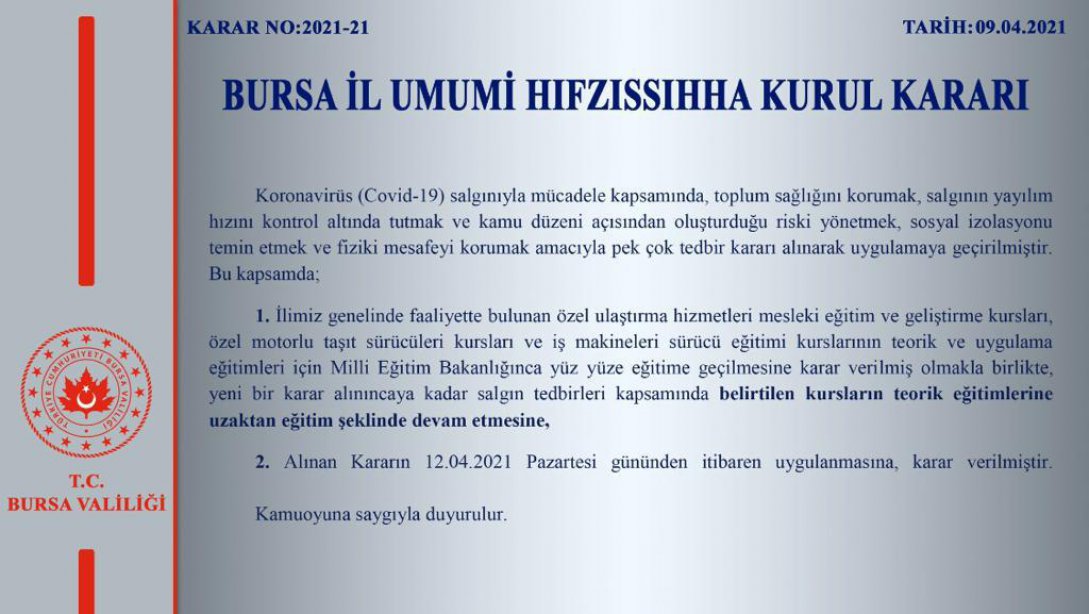T.C. BURSA VALİLİĞİ İL HIFZISSIHHA KURUL KARARI (2021-21)